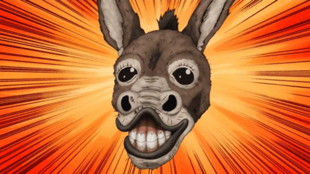 a cartoon drawing of a donkey 's face with big teeth