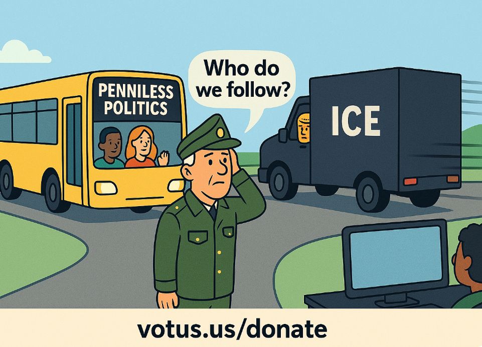 
In this satirical political cartoon, the scene unfolds at a sunny three-way intersection, symbolizing a moment of national decision. 
At the intersection’s center stands an Army general—drawn with thoughtful detail—scratching his head in visible confusion. A speech bubble rises above him with the question: “Who do we follow?” His posture and expression convey deep uncertainty, representing the military’s potential crossroads between democracy and authoritarian control.
To the right, a dark gray delivery truck labeled “ICE” speeds away down the road. visually reinforcing the concept of moving toward authoritarianism and darkness.
To the left, a bright yellow city bus labeled “PENNILESS POLITICS” turns onto a sunlit road. Through its wide windows, passengers of diverse backgrounds smile and wave. Their open expressions and the bus’s cheerful color palette contrast sharply with the ICE truck’s darkness. The bus represents open conversation, civic participation, and democracy in motion—a “people’s vehicle” powered by dialogue, inclusion, and shared purpose. 
The general’s indecision captures the cartoon’s central message: if the U.S. military chooses to follow the ICE truck instead of protecting the citizens on the Penniless Politics bus, our democratically elected representative government could end.
At the bottom of the image, bold text reads “votus.us/donate”, connecting the artwork to a larger civic project by Voters of the United States LLC. The illustration, both humorous and cautionary, warns that freedom’s survival depends on loyalty to the people—not to power. 
Voters of the United States LLC  1421 NORTH JONES #911            Las Vegas Nevada 89108  725-330-7550  M-Th www.PennilessPolitics  
