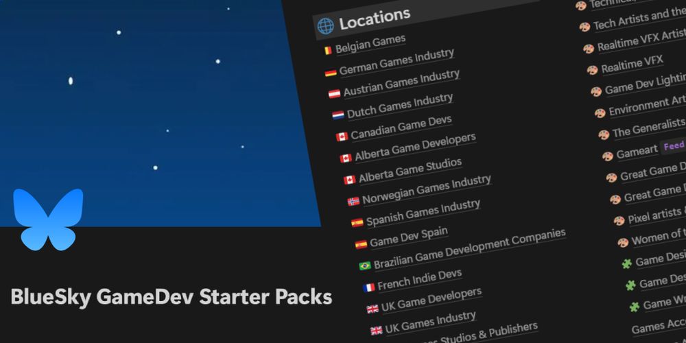 a sample screenshot of the notion page with vertical rows of links to gamedev related starterpacks and the title "BlueSky GameDev Starter Packs”