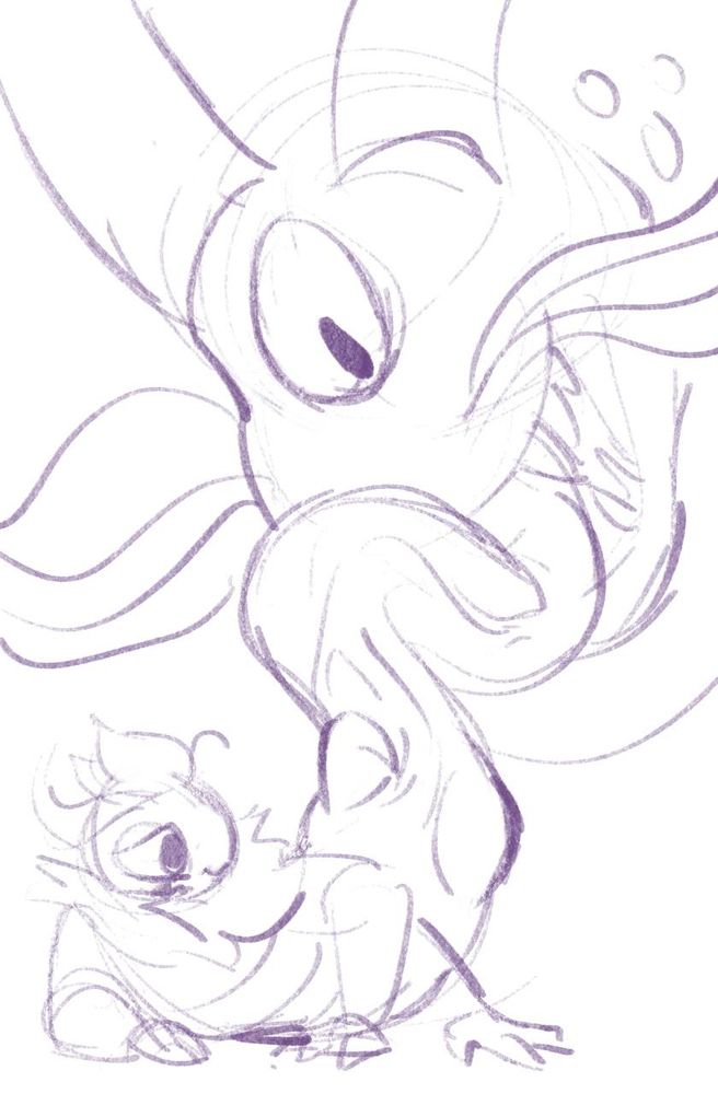 A drawing of an anthro moth mid-transformation, looking at her body as a bal’kar turns it into their cocktongue.