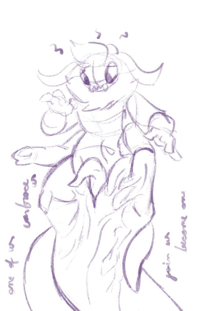 A sketch of an anthro moth being turned into an endritch horror’s tentacles. Text reads “one of us, embrace us, join us, become one”