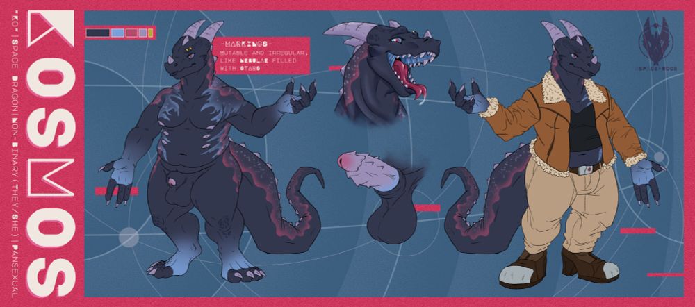 A nsfw reference sheet of an anthro space dragon names Kosmos. Text reads: "'Ko'|Space Dragon|Non-Binary(they/them)|Pansexual";"Kosmos";"-Markings- Mutable and irregular like nebulae filled with stars."
The ref shows a nude frontal shot of them, a mawshot, a detailed drawing of the erect penis and an outfit: an aviator jacket and croptop combo