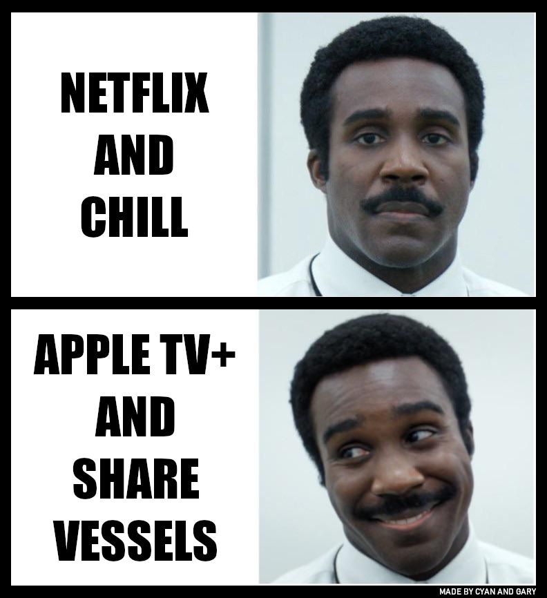 Netflix and Chill (Milchik bland reaction) vs Apple TV+ and Share Vessels (Milchik smiling reaction), 2-panel meme made by Cyan and Gary