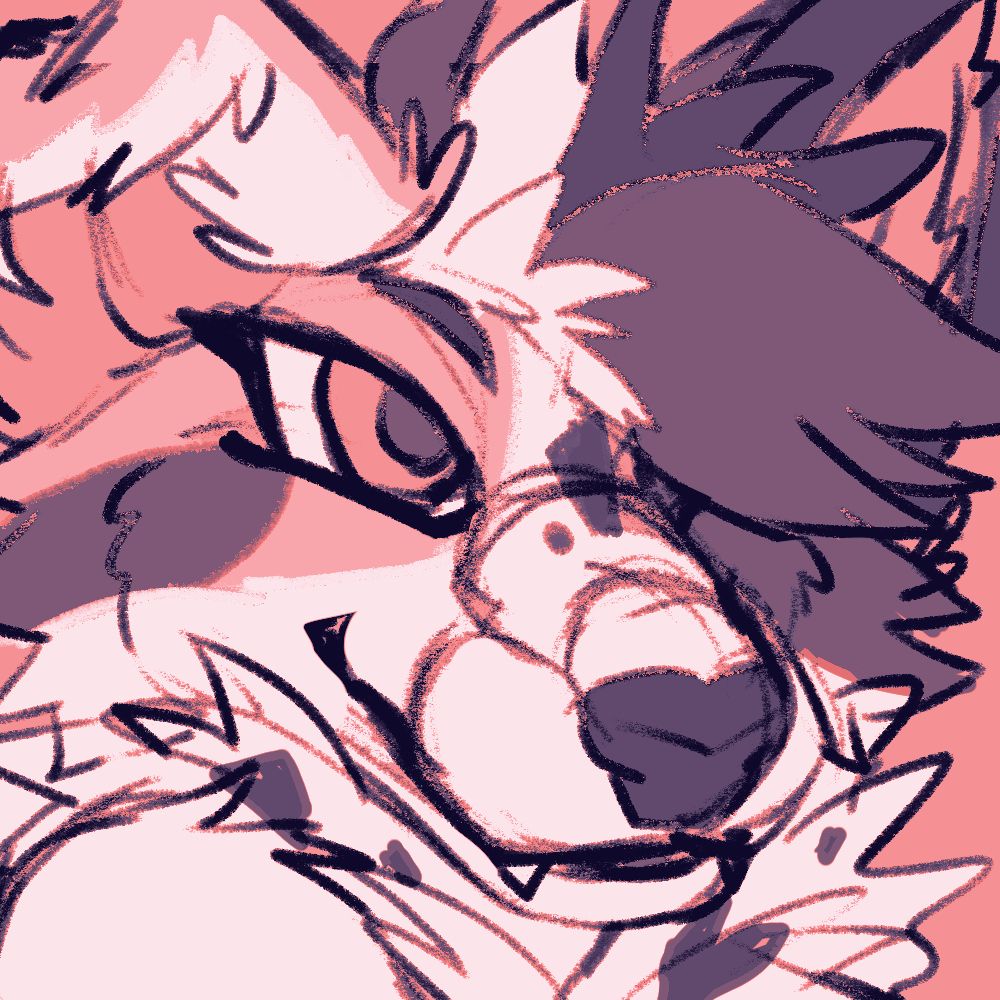 sketchy icon of an anthro dog woman. she is looking off to the side and smiling, and her fur is very fluffy

the colour palette is gentle and pink