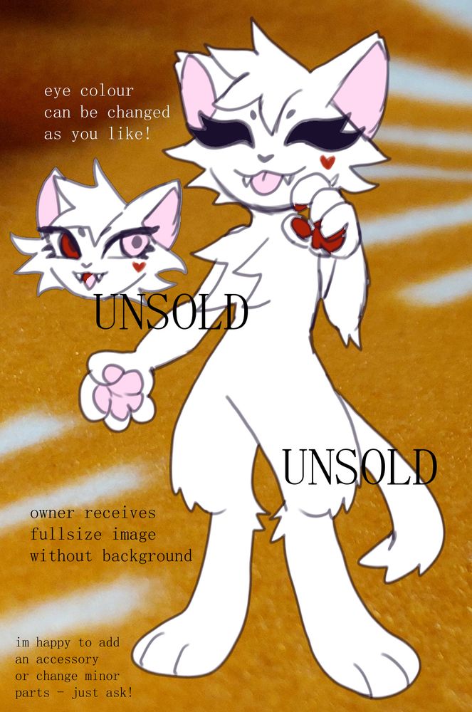 anthropomorphic drawing of a white kitten. text reads "eye colour can be changed as you like!"

"owner receives fullsize image without background"

"i'm happy to add an accessory or change minor parts - just ask"