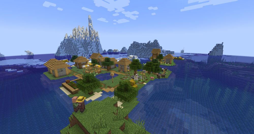 A Minecraft plains village surrounded by cold and frozen ocean.