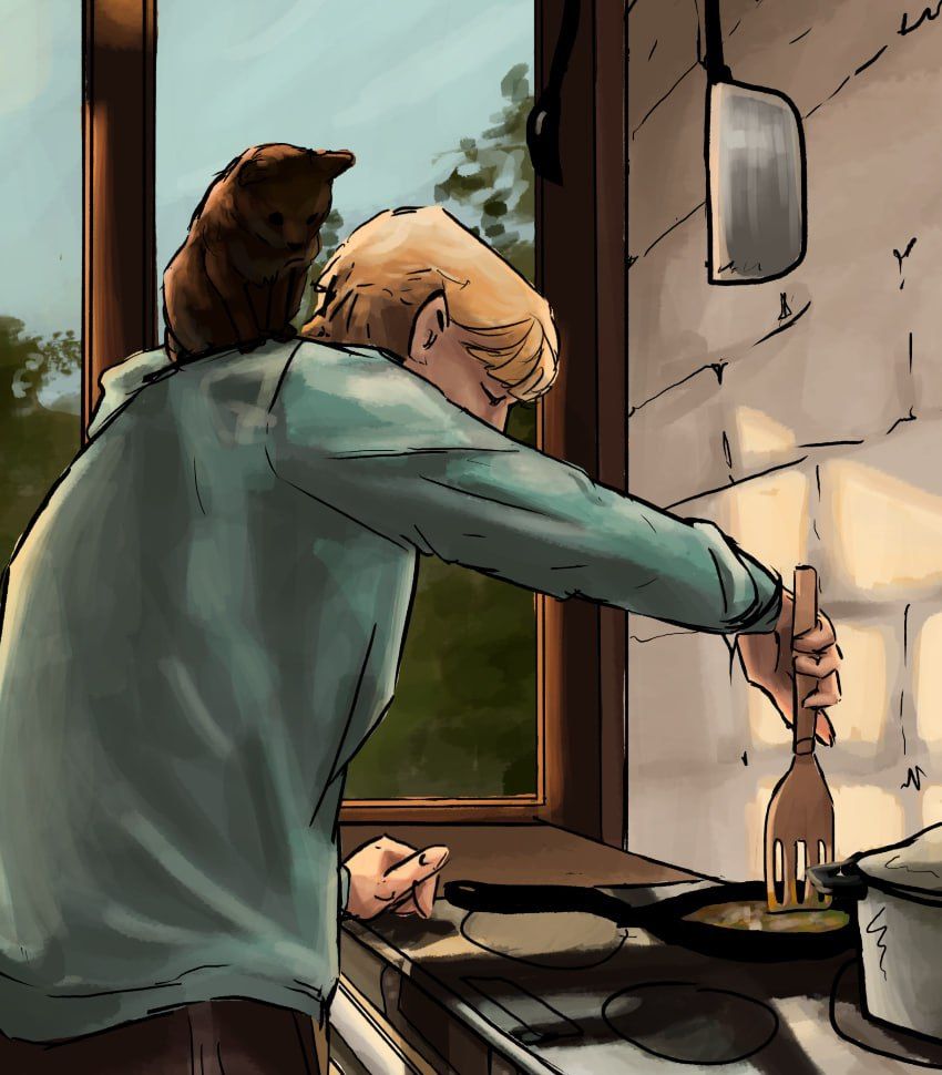 Drawing of guy cooking with a kitten on his shoulders 