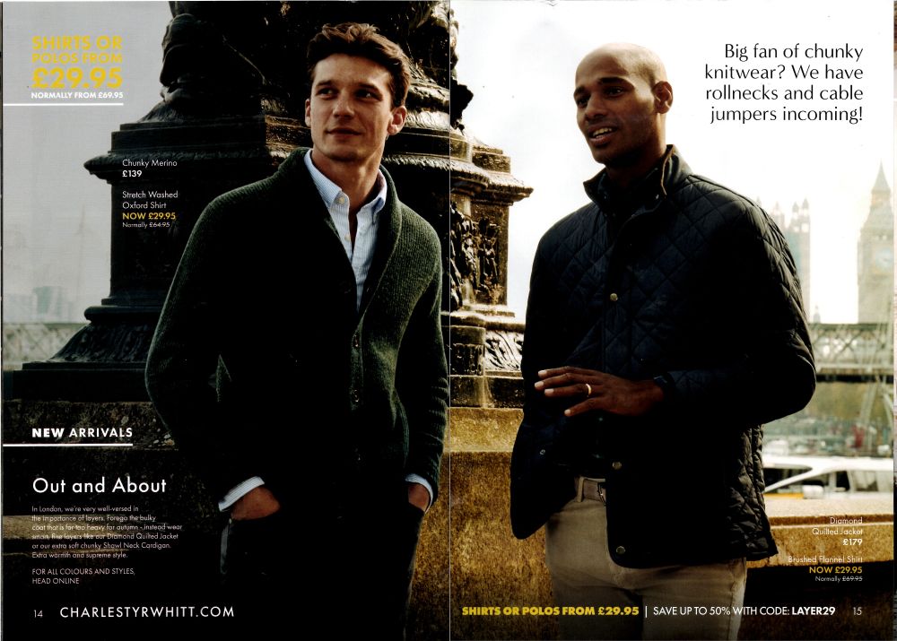 Scan from a Charles Tyrwhitt brochure. Two male models close to Westminster Bridge with Big Ben and the Palace of Westminster in the background. One is wearing a green thick-collared cardigan over a blue shirt, the other has a padded jacket. Prominent among various catalogue-style details is the text "Big fan of chunky knitwear? We have rollnecks and cable jumpers incoming!"