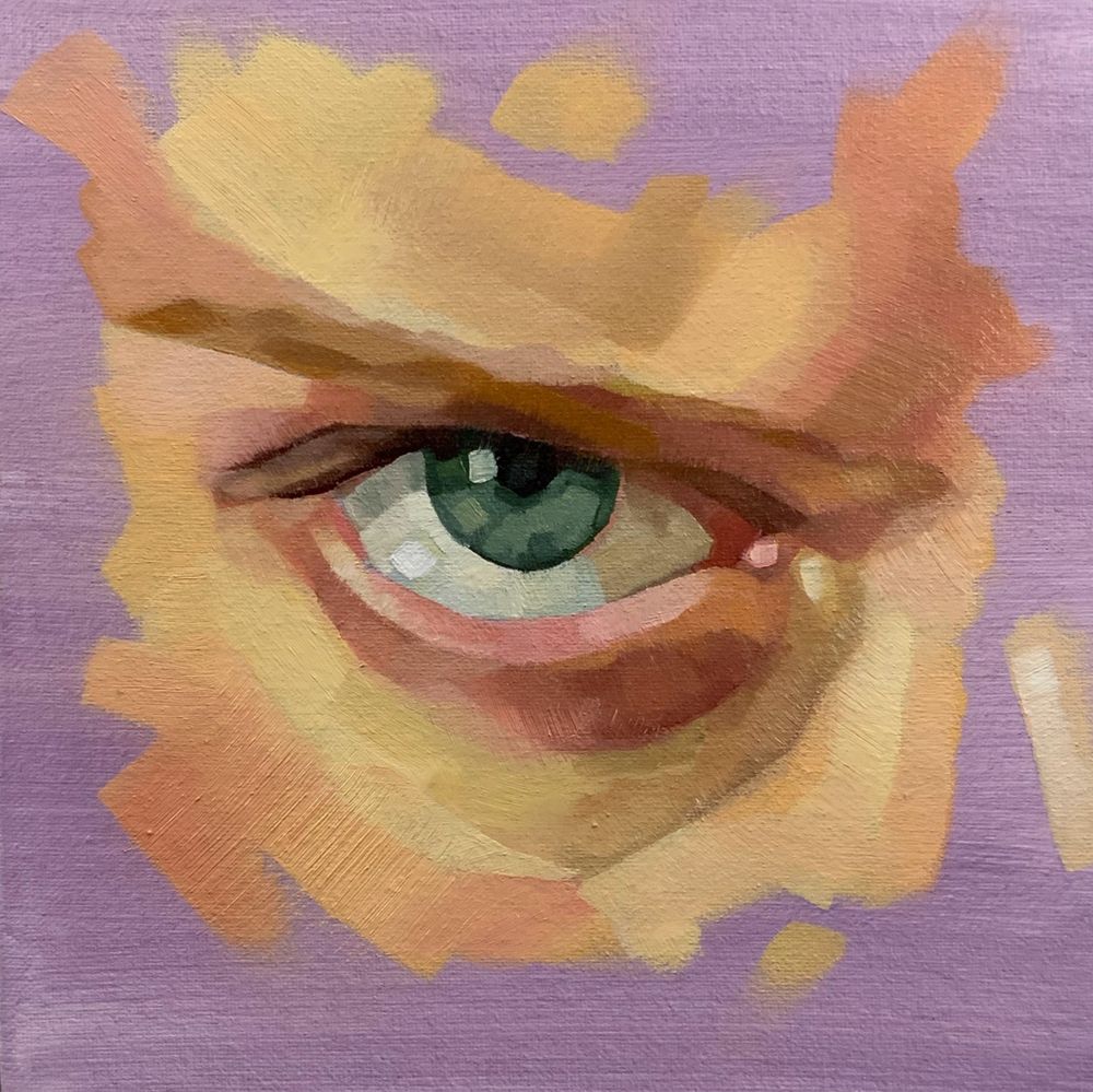 Expressive oil painting of an eye with a furrowed brow and a violet background.