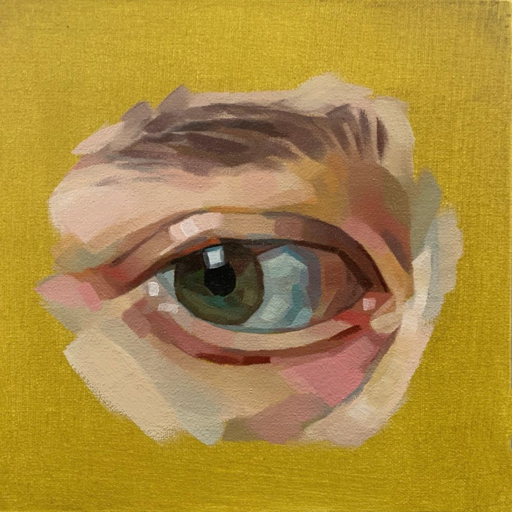 Oil painting of an eye on canvas with a lime green washed background.