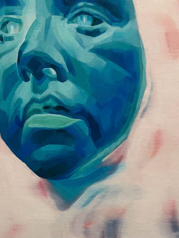 Abstract realism portrait oil painting with blue face and white background.