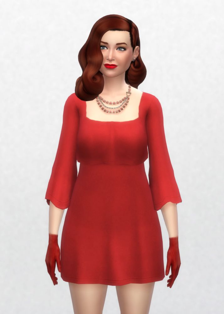 Rachel Reilly as a sim in her promo photo outfit, short red dress, red gloves, and vintage side swept hairstyle 