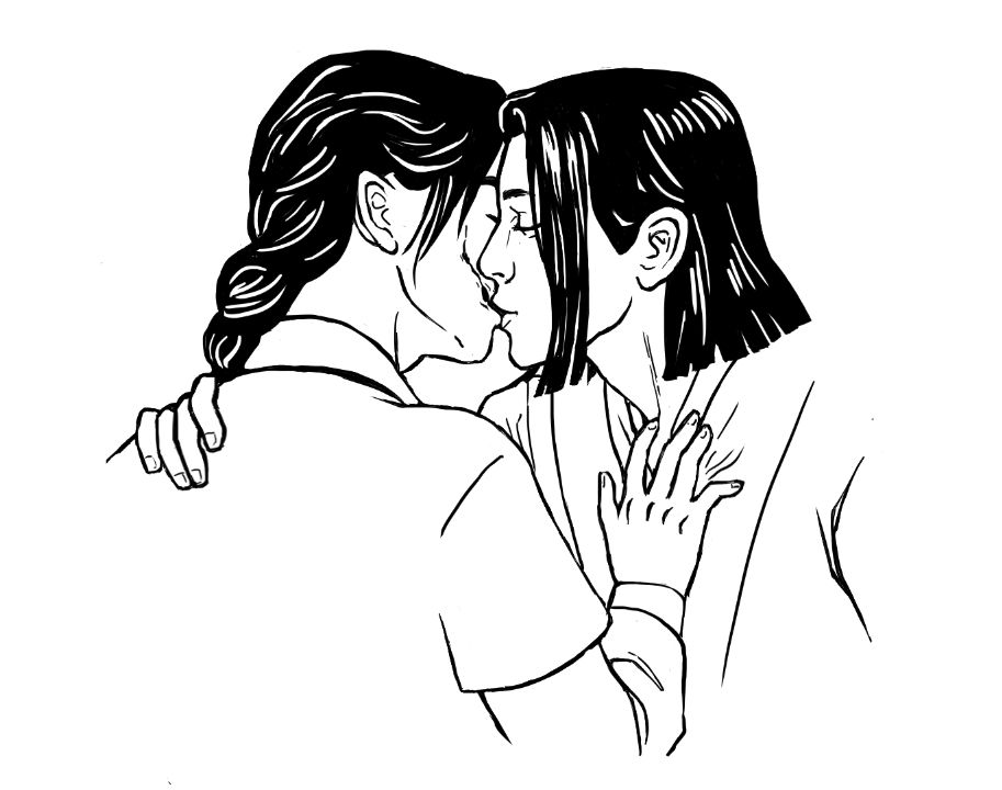 A young person kissing the cheek of another young person; the cheek has a nasty scar. Lineart.