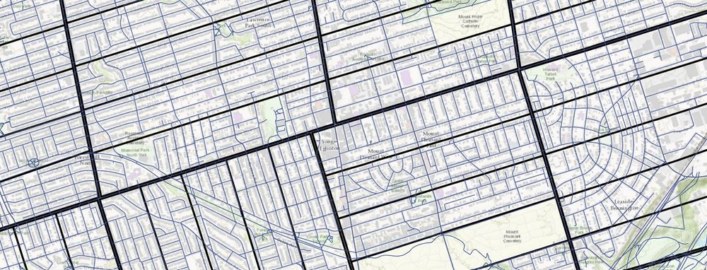 Modern day roads in the Yonge and Eglinton area with the original township lots superimposed. 