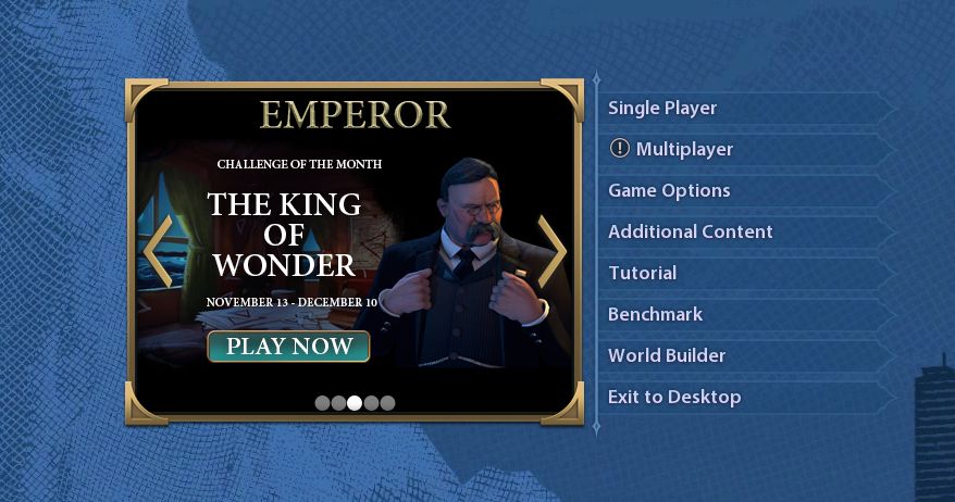 A cropped screenshot of the Civilization 6 main menu showing an event marquee highlighting a challenge of the month titled "The King of Wonder" focused on playing the USA led by Theodore Roosevelt.