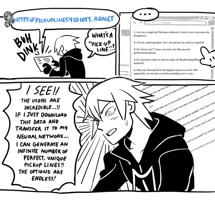 pg 2: tron sends data riku a link to pickup lines. Riku decides to download the data and process it thru his neural network, back when neural networks were still fun and weird, in order to generate his own unique pickup lines.