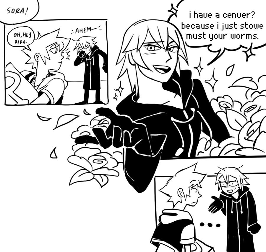 pg 3: equipped with newfound bravery, data riku finds data sora and lays a generated line on him.
"i have a cenver? because i just stowe your worms." they are equally aghast.