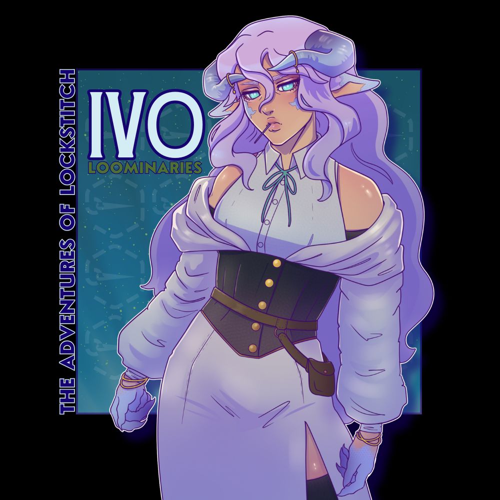 A digital illustration of the character Ivo from The Adventures of Lockstitch. She's a lavender-toned half-dragon, with a deadpan expression and long, luscious hair.