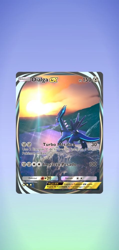 A pokemon card of dialga contemplating into the horizon, wondering how his life choices led them to this