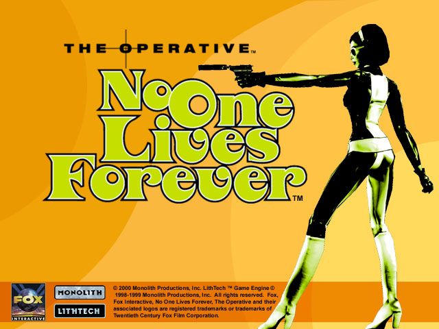 Cover art for The Operative: No One Lives Forever (2000). The playable protagonist, Cate Archer, is aiming her gun that has a silencer affixed.