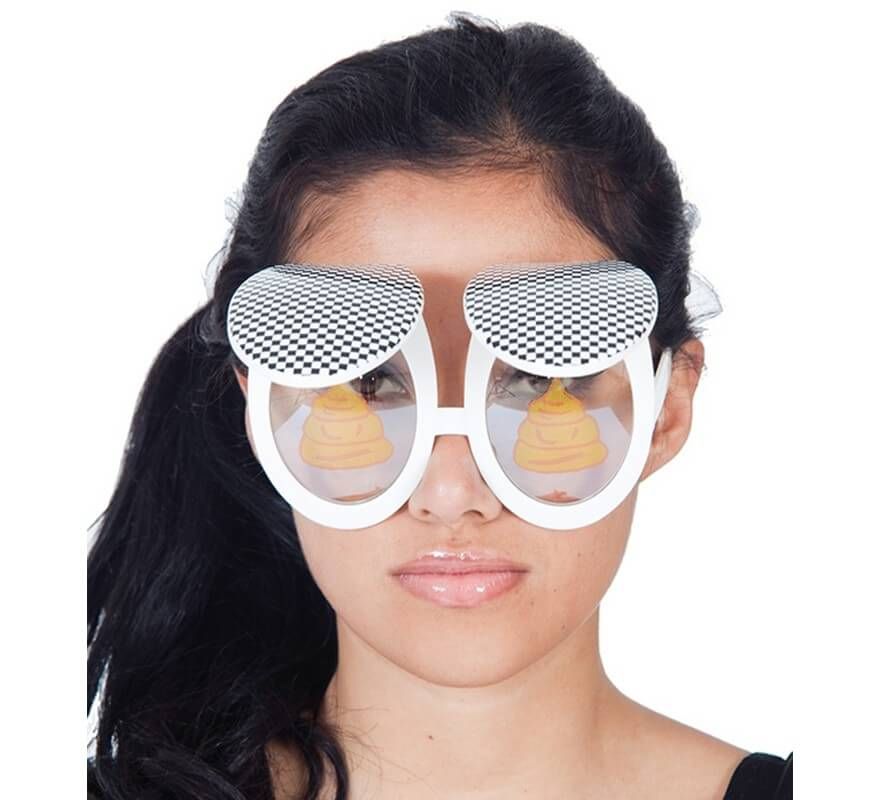 photo de promotion de produit, en l'occurence des lunettes blanches à but comique, dont les verres représentent des lunettes de wc ouvertes et une crotte est au centre 