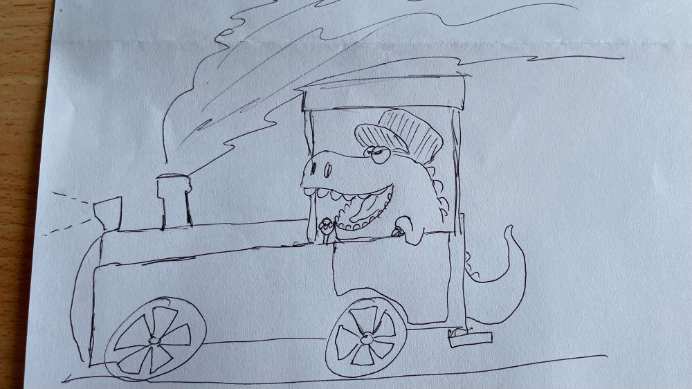 very crude pen drawing of a t-Rex happily driving a steam train