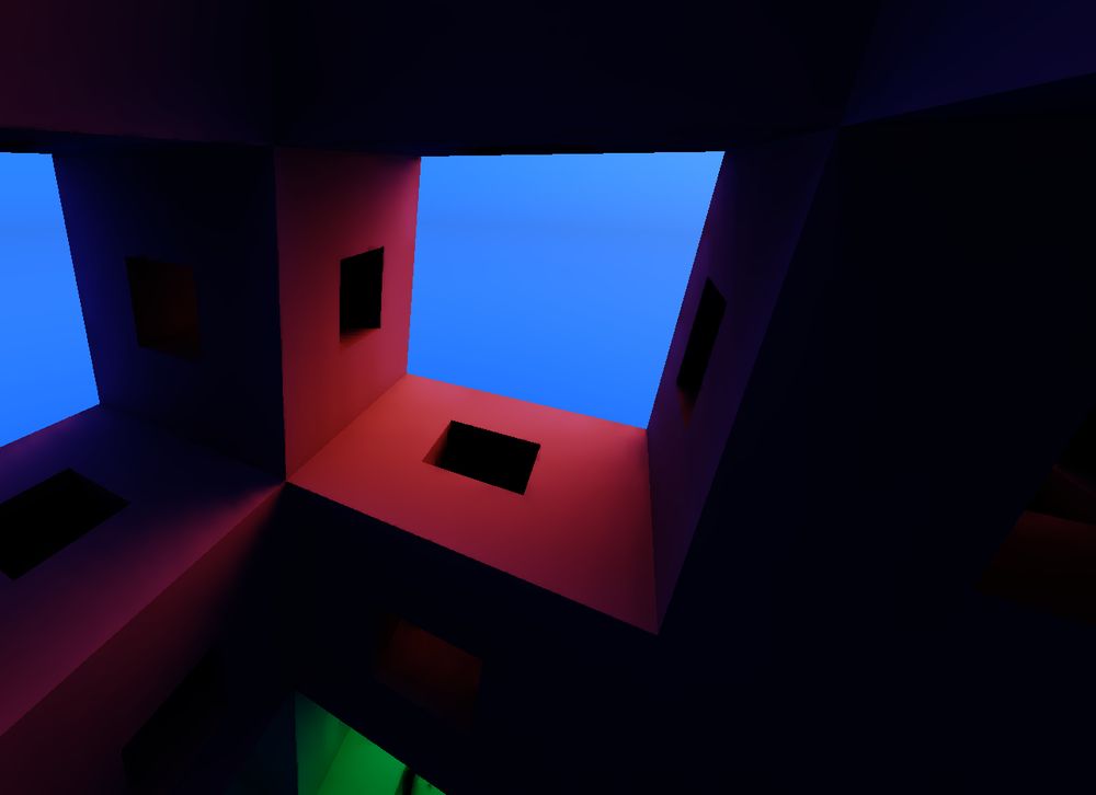 Part of a Menger sponge with sky lighting rendered with Radiance Cascades.