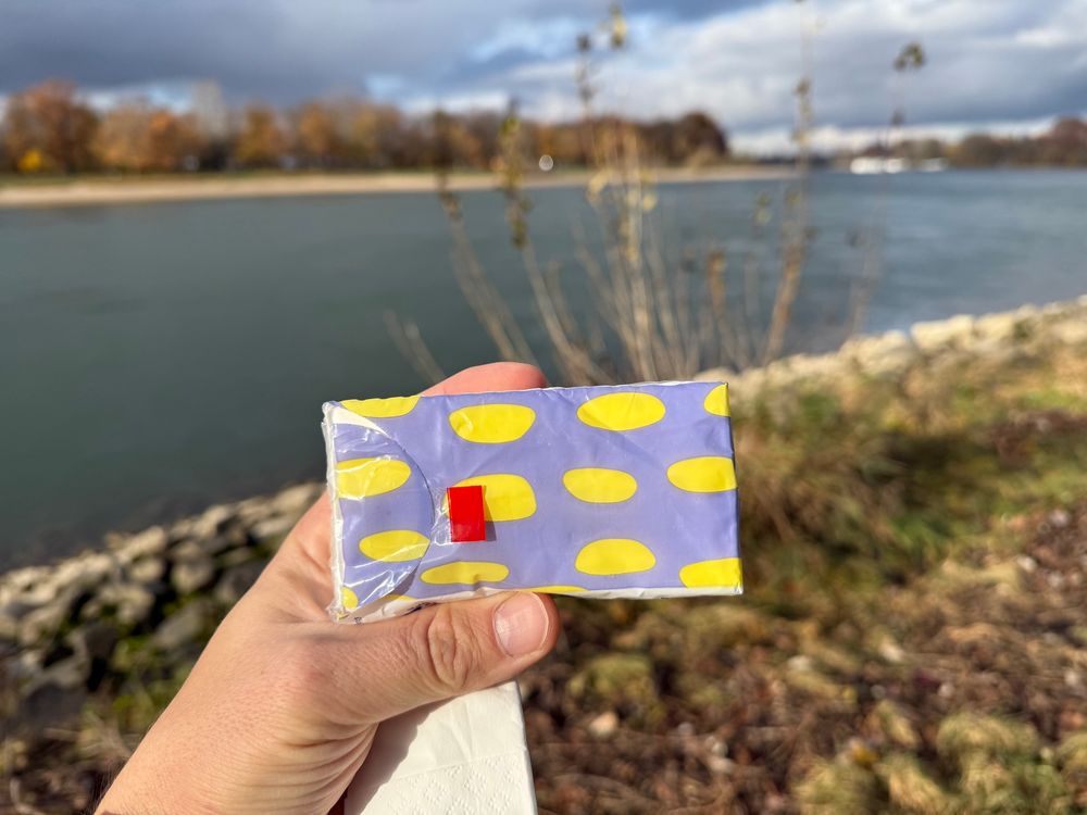 Tempopackung in lila und gelb vor Rhein