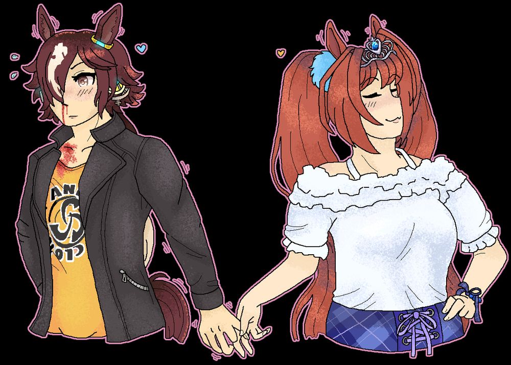 Vodka and Daiwa Scarlet from "Umamusume: Pretty Derby." They are depicted in their casual outfits and carefully holding hands; Scarlet looks pleased with herself, while Vodka is quickly losing her cool vibes over a nosebleed.