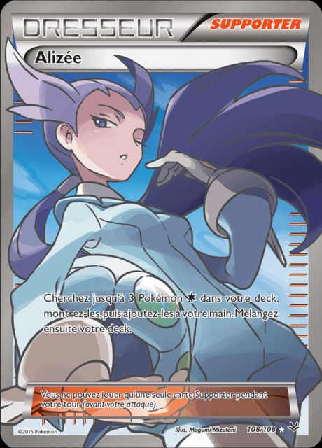 Carte pokémon d'Alizée, pour le format Gym Leader Challenge ou Défis du Champion d'Arène. On y vois une jeune femme avec des cheveux bleue et long dans un style manga. Avec le texte suivant " Cherchez jusqu'à 3 Pokémon dans votre deck". 