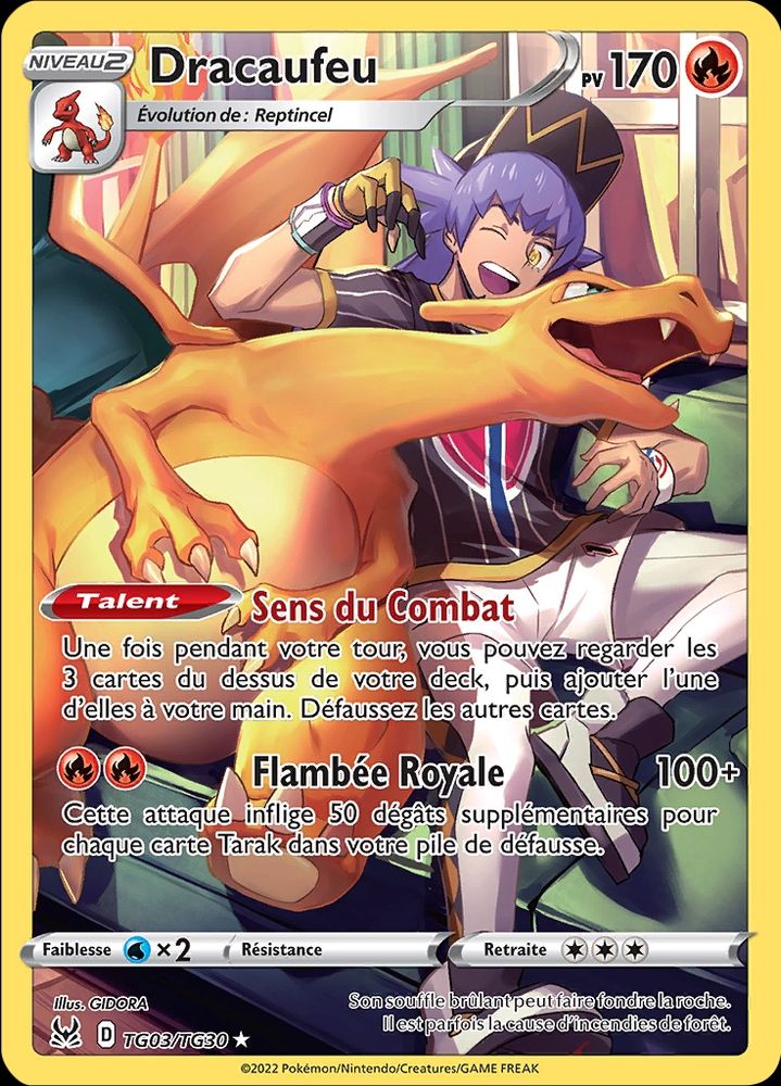 Carte pokémon avec l'illustration sur toute la carte représentant Tarak, champion d'Arène Pokémon, avec son Dracaufeu en train de s'amuser assis sur un canapé. 
