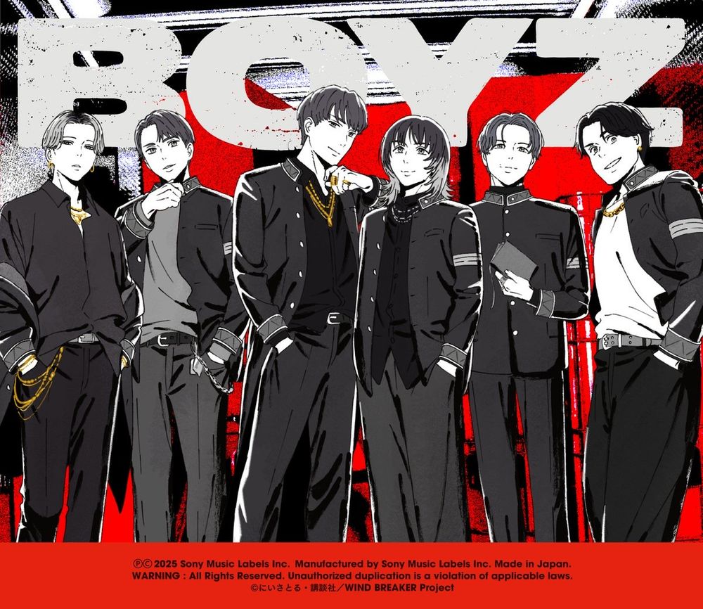 an illustration of six men wearing gakuran, with the word BOYZ behind them