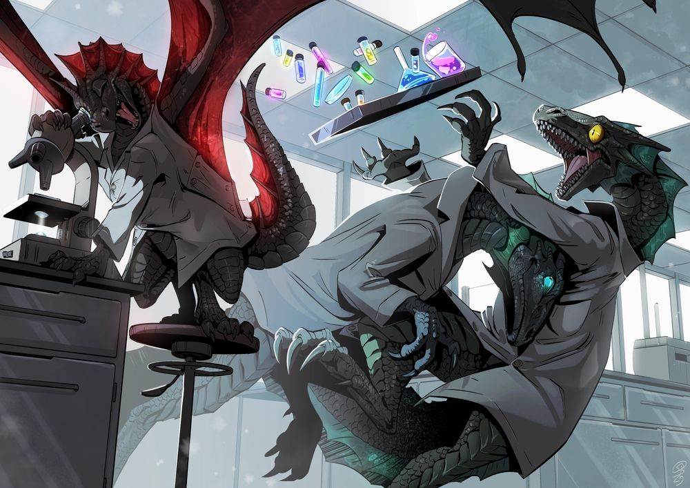 In a laboratory setting, one winged baby dragon is perched on a stool excitedly looking into a microscope. Her wings are partially unfurled (they are disproportionately large on the baby dragons. Each wing is wider than she is long and can drag on the ground behind her feet when she’s walking) and hitting the ceiling, her fins are flared and her tail is twitching too in her excitement of what she’s looking at. 

Two two-legged dragons are tackling each other behind her. One is in surprise, shrieking, as a tray full of samples that he is carrying goes flying when the other two-legged dragoness rams into him and knocks him off his feet. This goes on behind the scientist dragoness perching awkwardly on the human stool and is ignored. The fight is like two siblings having an un-serious fight. All three dragons are wearing lab coats in one fashion or another as their anatomy allows.

The two-legged dragons are marine colors, including their fins. Their eyes can change colors though to reflect their mood. They have two rows of teeth top and bottom and a narrow, pointed tongue.

The winged dragoness is black with the deep, deep red of her fins and wings.


#commission #Scissorsrunner #digital #art #digitalart #firealpaca #noAI #SogCatArt #fantasy #dragon #lab #laboratory #scifi #mishap #samples #scientists #science #funny