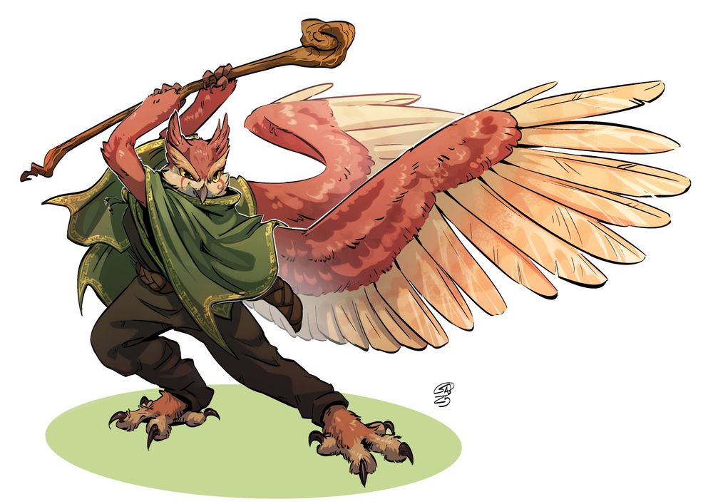 Iilark the koukthroi looking ready to strike with her shillelagh.

#commission #Scissorsrunner #digital #art #digitalart #firealpaca #noAI #SogCatArt #fantasy #roleplay #rpg #ttrpg #DnD #DungeonsAndDragons #DnDcharacter #DnDart #DnDOC #owl #shillelagh #owlfolk #koukthroi #owlin #ilaark