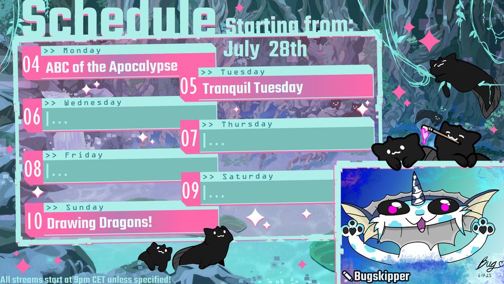 ## ABC OF THE APOCALYPSE
Working on: letter J, Juuoil the Traveller
✧
Working on: VSS Group Art
✧
## DRAWING DRAGONS
Community Event! Remember to participate in the discord
✧