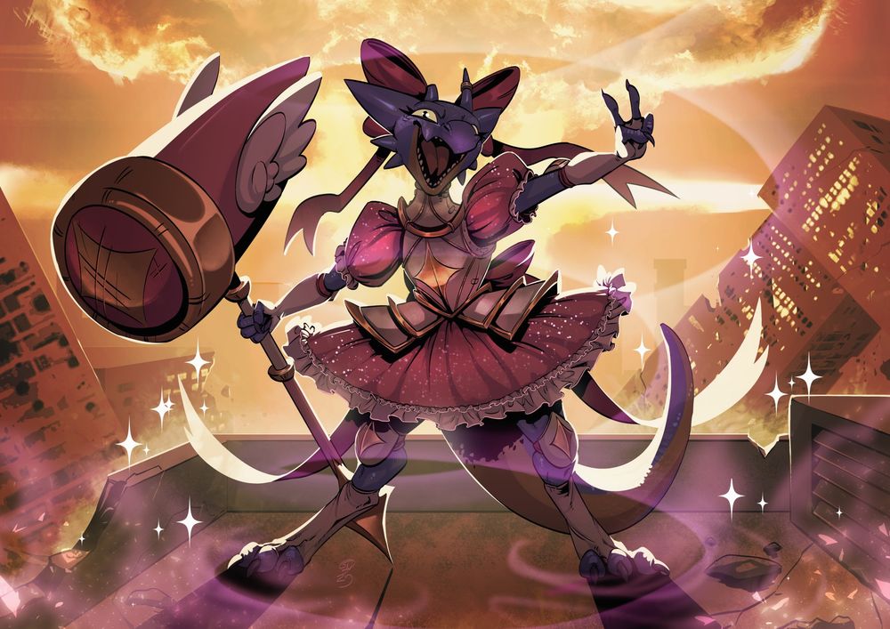 A kind of armored magical girl version of Kitty the kobold with a hammer for her wand, pink bows and sparkles as a nuke is being set off in the background, who knows if by her or the BBEG she was fighting with the power of friendship (and warcrimes).

#commission #Scissorsrunner #digital #art #digitalart #firealpaca #noAI #SogCatArt #fantasy #roleplay #rpg #ttrpg #DnD #DungeonsAndDragons #DnDcharacter #DnDart #DnDOC #kitty #magical #girl #magicalgirl #nuke