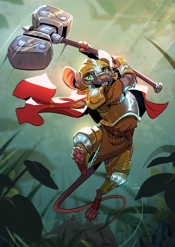 A green eyed grey mouse in a forest with a very big hammer swinging it towards the viewer. He's dressed in a golden armor and light brown gambeson as rune carvings all over his equipment glow a strong blue color. His red cape flows in  the wind and you can kinda see the symbol he has on the back of it.
LOOK HOW CUTE THIS LIL GUY IS OMG

#commission #Scissorsrunner #digital #art #digitalart #firealpaca #noAI #SogCatArt #fantasy #roleplay #rpg #ttrpg #DnD #DungeonsAndDragons #DnDcharacter #DnDart #DnDOC #FurryArt #Furry #Mouse #FantasyArt #Runepriest #Paladin #cleric