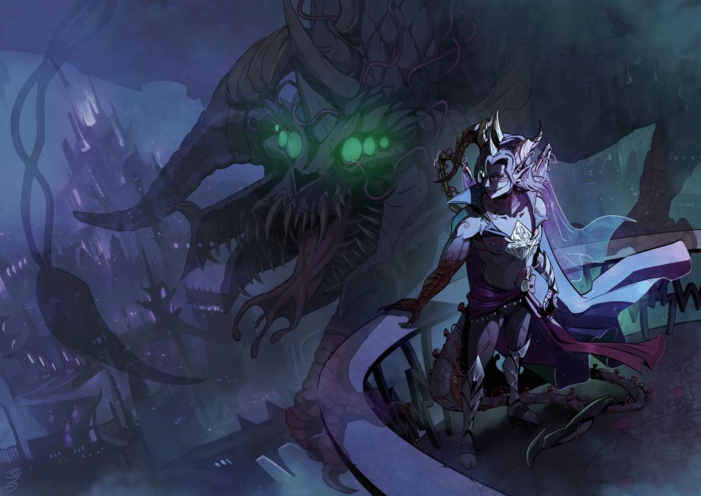 A smug looking Xerr  in his humanoid form, . A visual of humanoid Xerr appearing to overlooking Menzoberranzan while an illusion or ghostly image of his dragon form is behind them, the looming presence of a greater sinister they're keeping hiden
Xerr appears to have the addition do his own body as his dragon form has: double tail, red dragon horns and hands, blue dragon horns and he's got some more bling on him than usual with a cape made of iridescent membrane.

#commission #Scissorsrunner #digital #art #digitalart #firealpaca #noAI #SogCatArt #fantasy #roleplay #rpg #ttrpg #DnD #DungeonsAndDragons #DnDcharacter #DnDart #DnDOC #dragon #elderbraindragon #xerr #drow #Menzoberranzan 