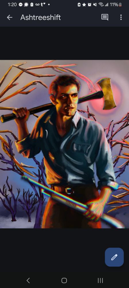 Bruce campbell as ash williams. He is in his denim shirt and brown slacks situation with an axe slung over his shoulder anf his shotgun in the other hand. The background is purple and pink sky, dense fog and skeletal trees. Righ behind ash are some branches that look like reaching hands