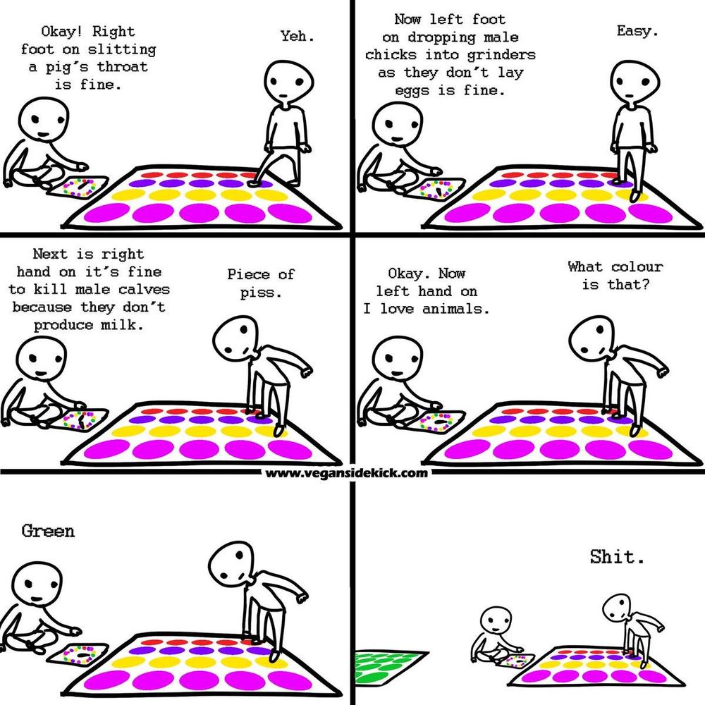 The image is a satirical cartoon showing two stick figures playing a twisted game resembling Twister. The game mat is colourful with dots, but instead of fun moves, the instructions are darkly humorous, highlighting cruel practices in animal farming like slitting a pig’s throat and dropping male chicks into grinders, juxtaposed with a claim of loving animals. The final panel cleverly points out the hypocrisy through the color reference of the mat, implying a disconnect between stated love for animals and actions.