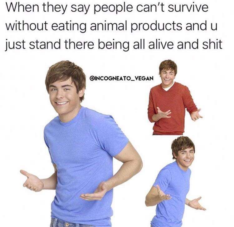 Meme with text at the top: “When they say people can’t survive without eating animal products and u just stand there being all alive and shit.” Below are multiple images of a young man (Zac Efron) shrugging with a smile, wearing a blue shirt in two poses and a red shirt in one. The meme humorously points out that vegans are living proof that animal products are not necessary for survival.
