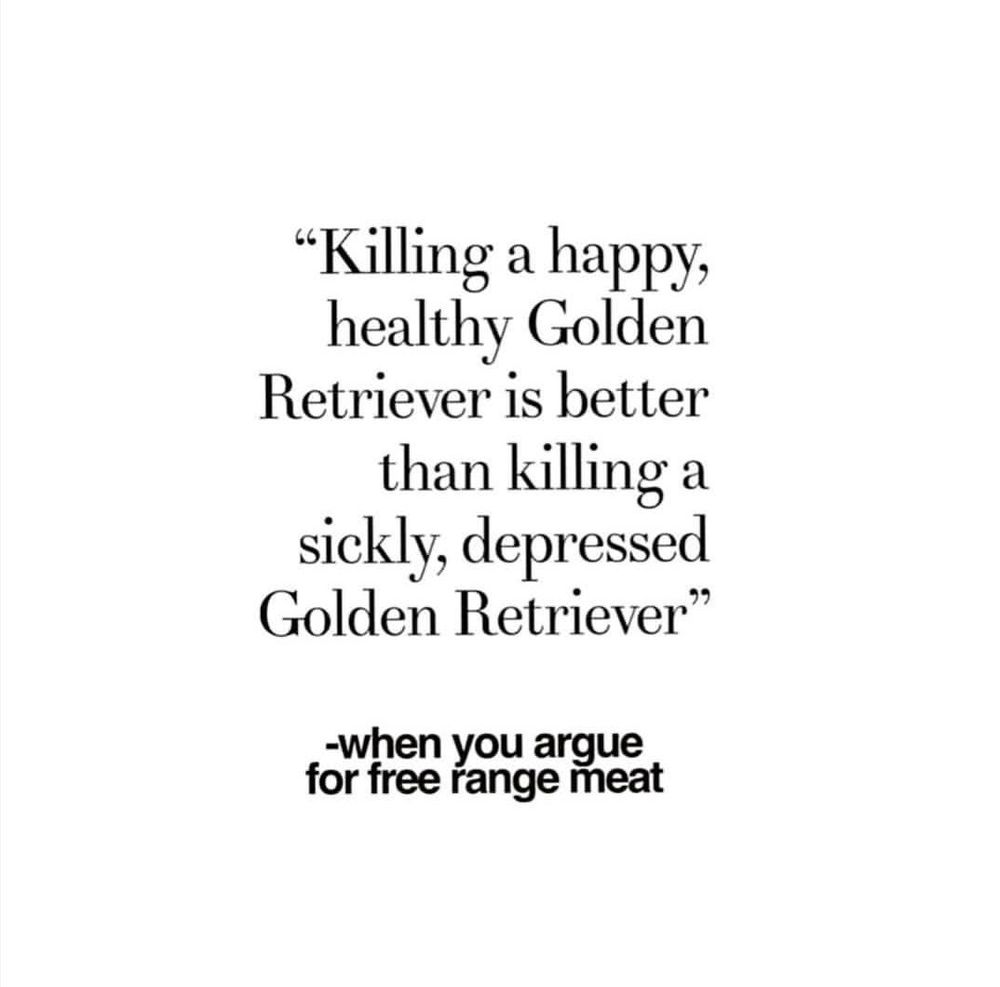 Text meme on a plain white background. It reads: “‘Killing a happy, healthy Golden Retriever is better than killing a sickly, depressed Golden Retriever’ — when you argue for free range meat.” The message highlights the flawed logic of justifying killing animals based on their quality of life before death.
