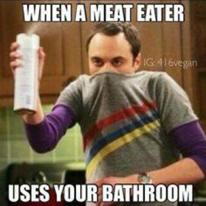 Meme showing Sheldon from The Big Bang Theory holding his shirt over his nose while aggressively spraying air freshener. The caption reads: “When a meat eater uses your bathroom.”
