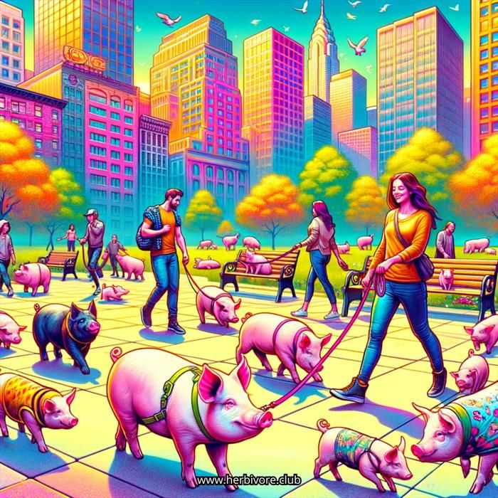 A vibrant, surreal illustration of a city park where people are walking pigs on leashes, as if they are companion animals. The setting includes bright skyscrapers in the background, colourful autumn trees, and park benches. The pigs are adorned with harnesses, sweaters, and various accessories, mingling freely in the lively urban environment. The scene contrasts typical perceptions of pigs, portraying them as cherished companions rather than farm animals.