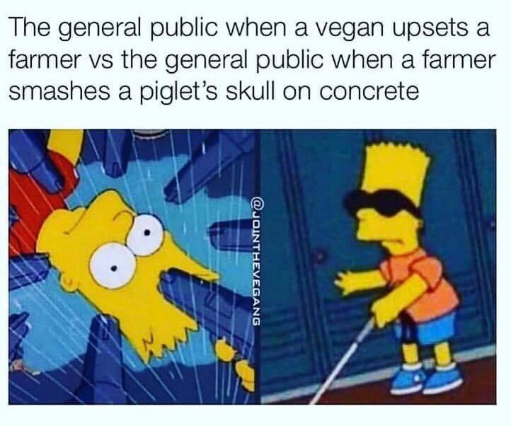A meme contrasting the public’s overreaction to vegans challenging farmers with their indifference to violent acts against animals, depicted through two contrasting images of Bart Simpson showing exaggerated alarm and casual indifference.