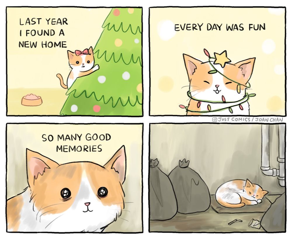 A comic featuring a cat joyfully playing during their first Christmas in a new home. The final panel shows the cat abandoned outside in the cold next to rubbish bags, curled up and alone.