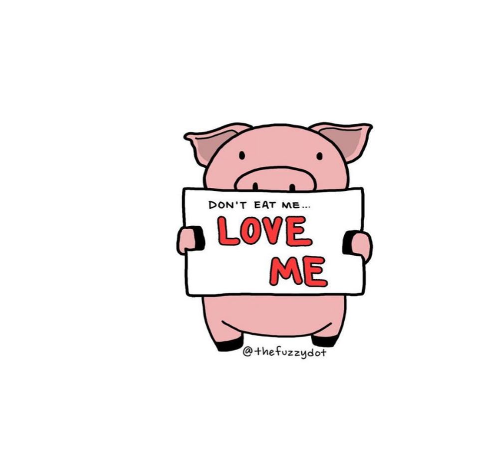 A cartoon drawing of a pink pig holding a white sign with the words “DON’T EAT ME... LOVE ME” written on it. The words “LOVE ME” are bold and red. The pig has a gentle expression, and the image is signed with the Instagram handle @thefuzzydot. The illustration delivers a clear animal rights message asking for compassion instead of consumption.
