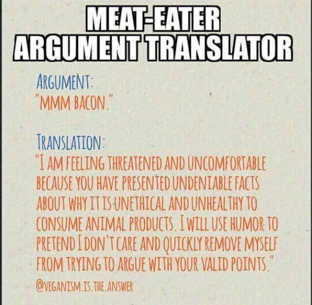 A graphic titled "Meat-Eater Argument Translator." It shows an example argument: "MMM bacon." Below, a "translation" explains: "I am feeling threatened and uncomfortable because you have presented undeniable facts about why it is unethical and unhealthy to consume animal products. I will use humor to pretend I don’t care and quickly remove myself from trying to argue with your valid points." The text is attributed to @VEGANISM.IS.THE.ANSWER.
