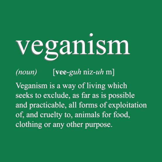 Green background with white text presenting a dictionary-style definition of “veganism.” It reads:

“veganism (noun) [vee-guh niz-uh m]
Veganism is a way of living which seeks to exclude, as far as is possible and practicable, all forms of exploitation of, and cruelty to, animals for food, clothing or any other purpose.”