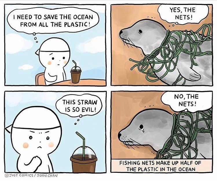 Four-panel cartoon.

* Panel 1: A character with a drink thinks, *“I need to save the ocean from all the plastic!”* A seal tangled in green fishing nets replies, *“Yes, the nets!”*
* Panel 2: The character frowns at the drink straw, thinking, *“This straw is so evil!”*
* Panel 3: Close-up of the seal still tangled, looking distressed, saying, *“No, the nets!”*
* Panel 4: Text at the bottom reads, *“Fishing nets make up half of the plastic in the ocean.”*